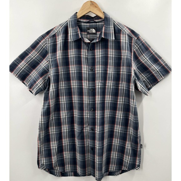 The North Face Men’s Short Sleeve Blue Plaid Button Up Shirt Size Large EUC - Picture 1 of 6